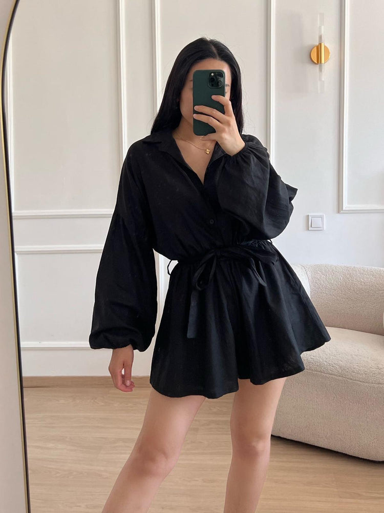 
            
                Load image into Gallery viewer, SERENA - LINEN BUTTON UP PLAYSUIT IN BLACK
            
        