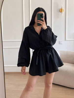 
            
                Load image into Gallery viewer, SERENA - LINEN BUTTON UP PLAYSUIT IN BLACK
            
        