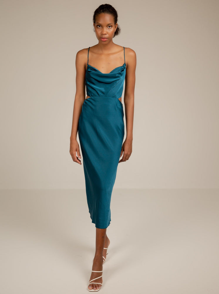 
            
                Load image into Gallery viewer, AUTILIA - TEAL BLUE SATIN COWL NECK MAXI DRESS WITH CROSS BACK DETAIL
            
        
