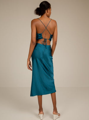 
            
                Load image into Gallery viewer, AUTILIA - TEAL BLUE SATIN COWL NECK MAXI DRESS WITH CROSS BACK DETAIL
            
        