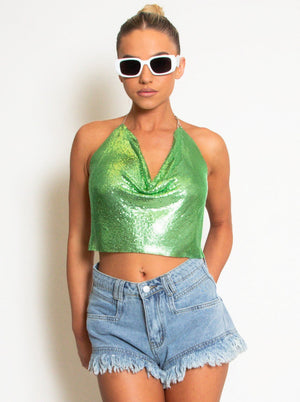 DINA - CHAINMAIL BACKLESS COWL NECK TOP IN GREEN