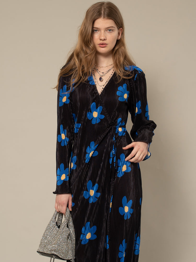 KADY - WRAP MAXI DRESS IN BLACK AND BLUE FLOWER PRINT