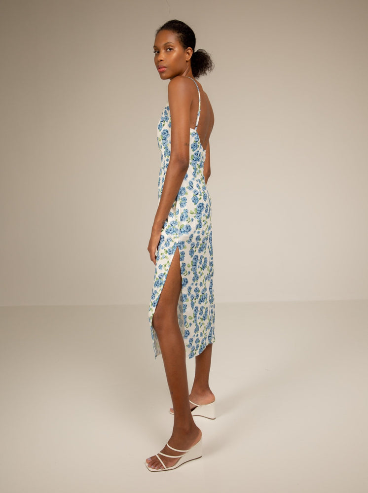 FIONA - BLUE FLORAL MAXI DRESS WITH SIDE SLIT
