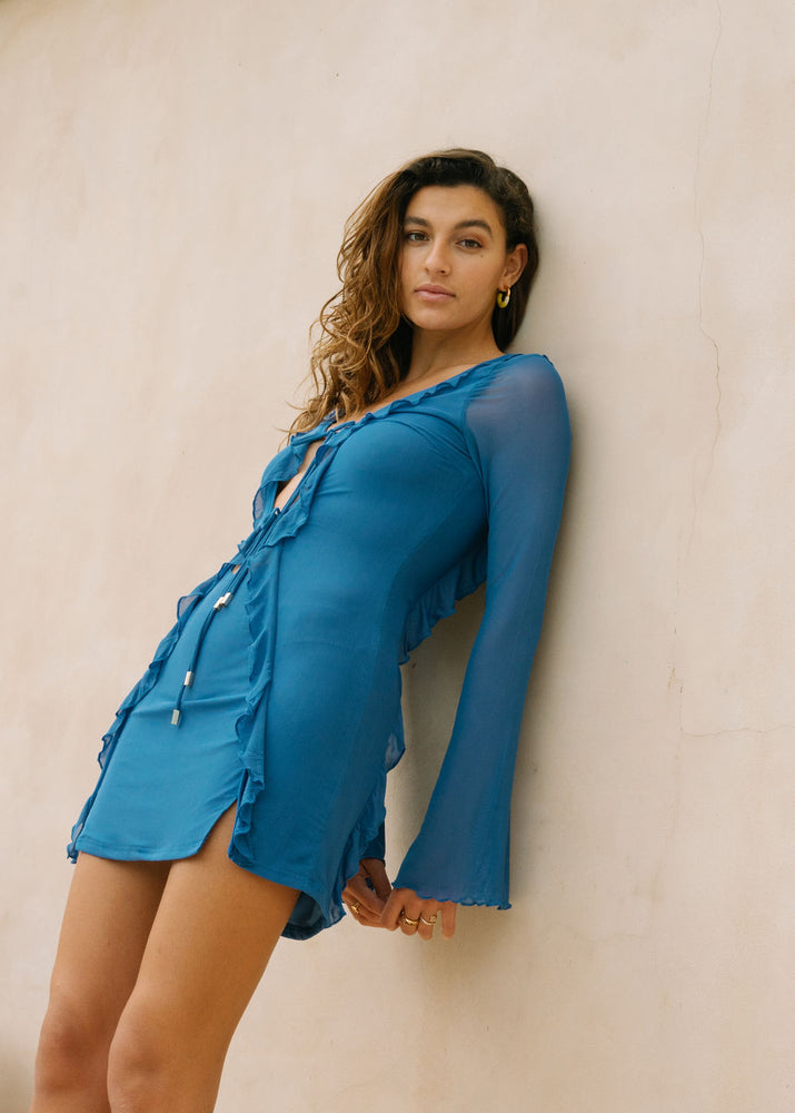 
            
                Load image into Gallery viewer, GINA - BLUE MESH BEACH COVER UP DRESS
            
        