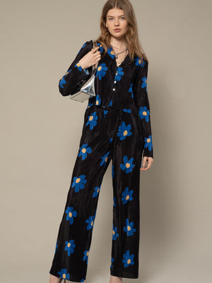 JAZZY - RELAXED PANTS WITH ELASTIC WAIST IN BLACK AND BLUE FLOWER PRINT