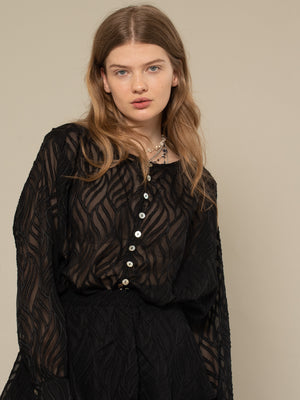 
            
                Load image into Gallery viewer, LARA - SHEER BUTTON UP BLOUSE IN BLACK
            
        