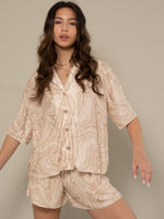 AMY - BUTTON UP SHIRT BLOUSE IN BEIGE SWIRL PRINT