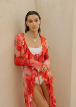 MADISON - SHEER BEACH COVER UP DUSTER KIMONO IN RED FLORAL