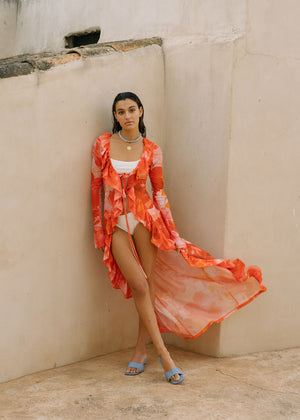 MADISON - SHEER BEACH COVER UP DUSTER KIMONO IN RED FLORAL