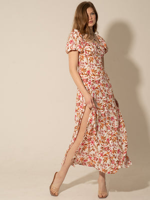 MAISON - RED AND PINK FLOWER PRINT PUFF SLEEVES SUN DRESS WITH SIDE SPLIT