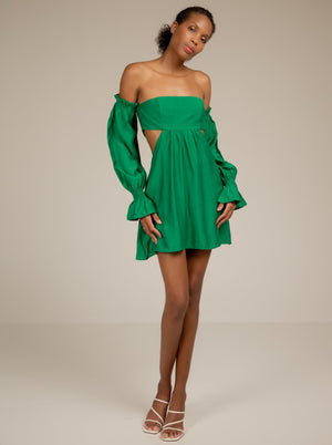 
            
                Load image into Gallery viewer, MELODY - OFF SHOULDER BARDOT DRESS IN GREEN
            
        