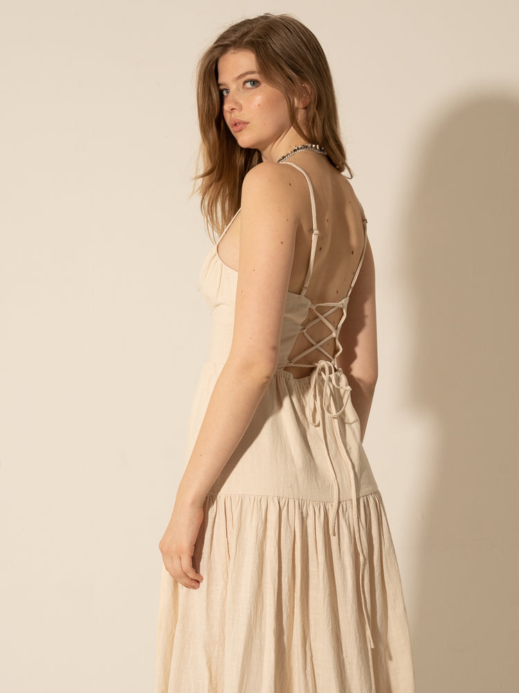 MILLY - BEIGE LINEN MAXI DRESS WITH LACE TIE OPEN BACK