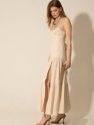 MILLY - BEIGE LINEN MAXI DRESS WITH LACE TIE OPEN BACK