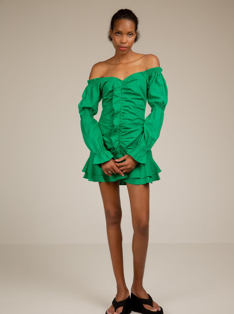 TAMIA - GREEN OFF SHOULDER BODYCON DRESS WITH RUFFLE FRONT DETAIL