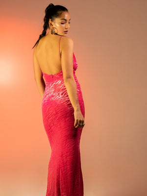 
            
                Load image into Gallery viewer, AUDREY - BURNT VELVET COWL NECK MAXI DRESS IN FUCHSIA PINK
            
        