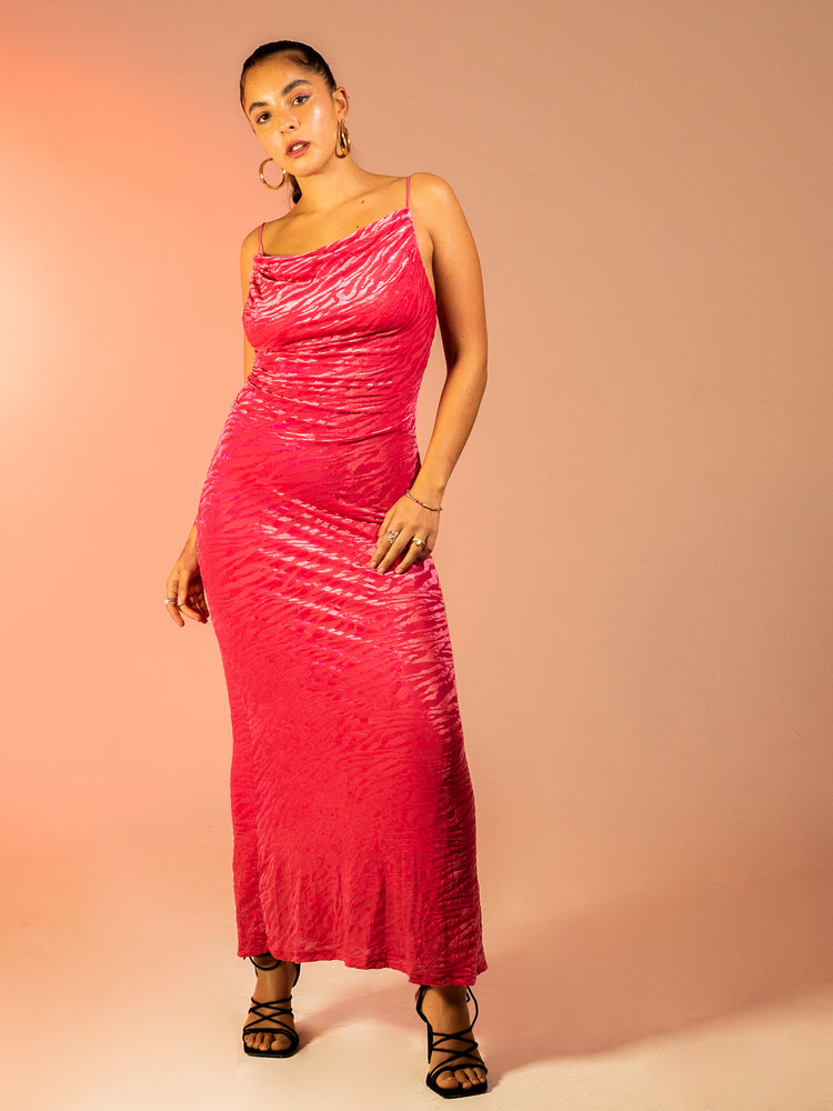 
            
                Load image into Gallery viewer, AUDREY - BURNT VELVET COWL NECK MAXI DRESS IN FUCHSIA PINK
            
        