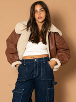 Aviator - Brown Vegan Leather Crop Jacket With Borg Lining