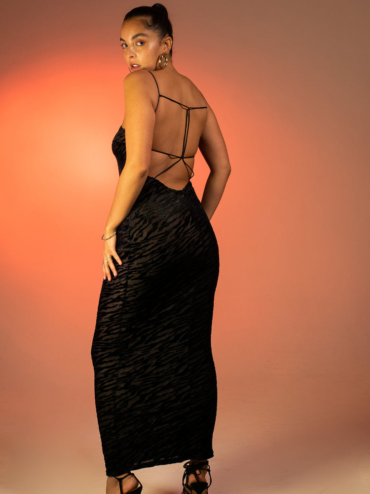 
            
                Load image into Gallery viewer, BECCA - BURNT VELVET CUT OUT MAXI DRESS IN BLACK
            
        