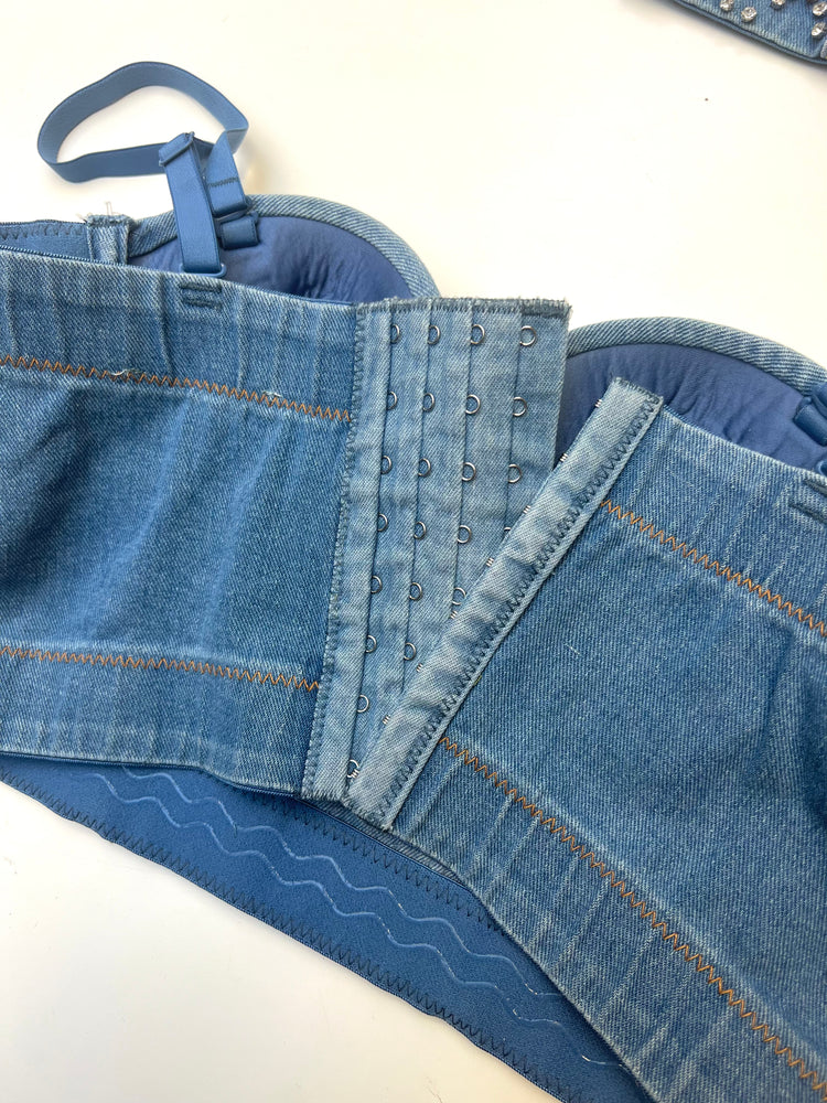 
            
                Load image into Gallery viewer, MATERIAL GIRL - DENIM BUSTIER WITH DIAMANTE GEMS
            
        