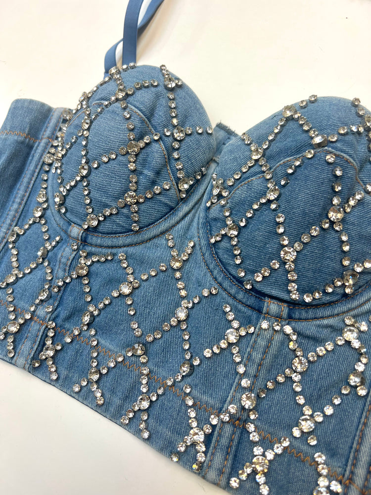 
            
                Load image into Gallery viewer, MATERIAL GIRL - DENIM BUSTIER WITH DIAMANTE GEMS
            
        
