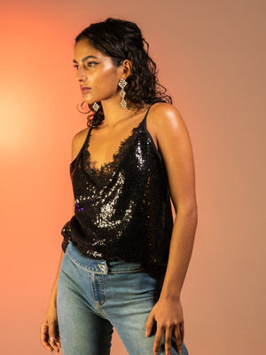 
            
                Load image into Gallery viewer, INDIE - BLACK SEQUINS TOP WITH LACE TRIM
            
        