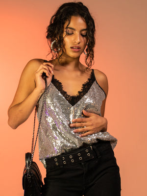 
            
                Load image into Gallery viewer, INDIE - SILVER SEQUINS TOP WITH LACE TRIM
            
        