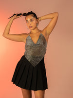 LARISSA - BLACK CHAINMAIL BACKLESS COWL NECK TOP