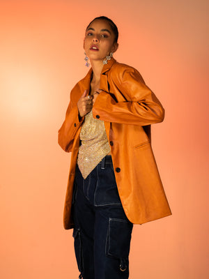 
            
                Load image into Gallery viewer, Rodeo - Orange Vegan Leather Blazer
            
        