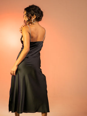 
            
                Load image into Gallery viewer, SARA - BLACK COWL NECK DRESS WITH DIAMANTE SHOULDER STRAPS
            
        