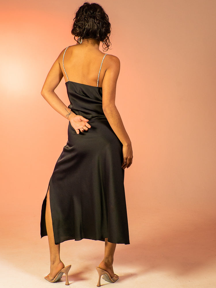 
            
                Load image into Gallery viewer, SARA - BLACK COWL NECK DRESS WITH DIAMANTE SHOULDER STRAPS
            
        